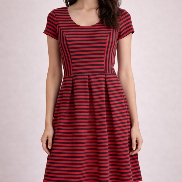 J. Crew Dresses & Skirts - J.Crew Red & black Striped Fit and Flare Dress Size 12 | Short Sleeve Casual